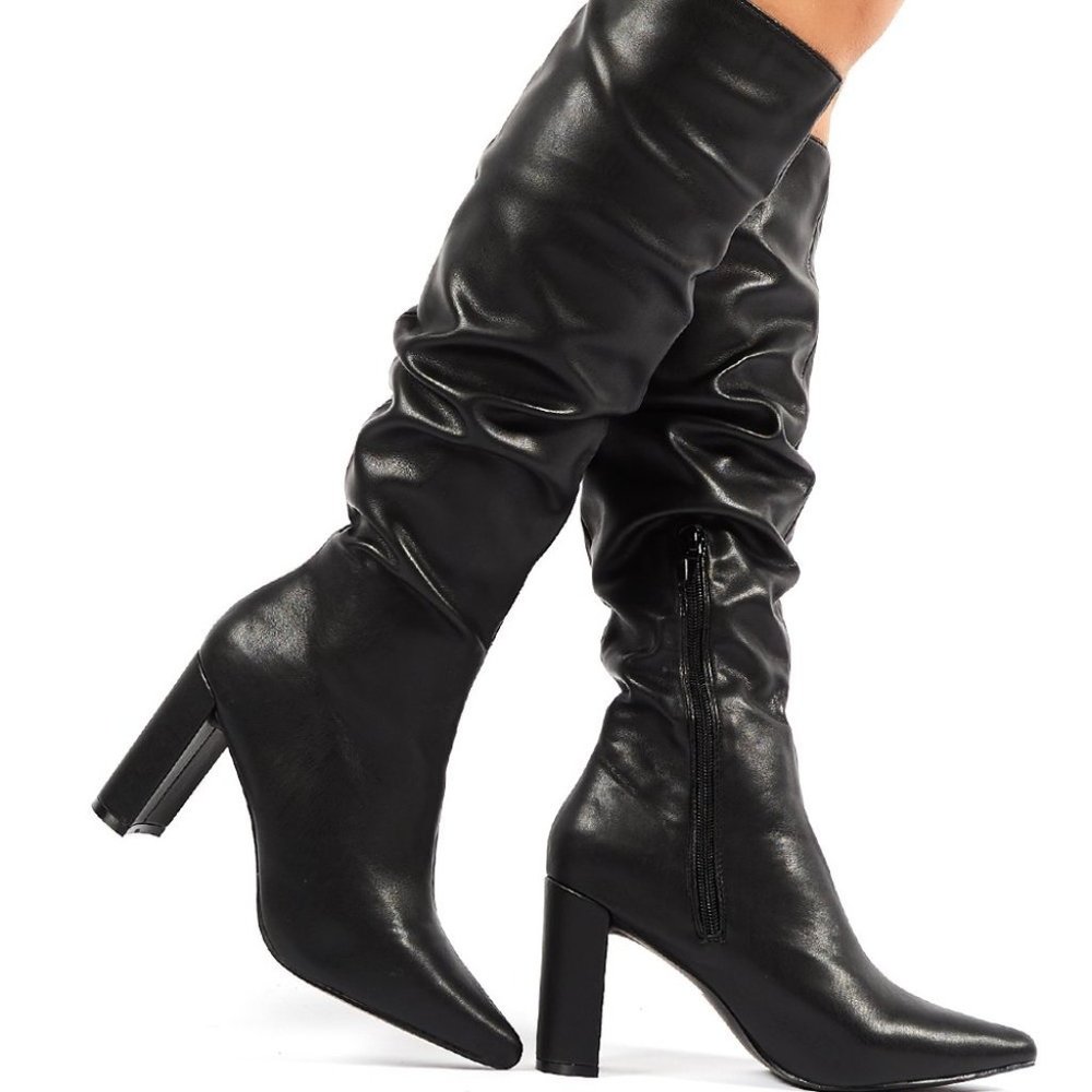 Public Desire MINE BLACK PU KNEE HIGH BOOTS